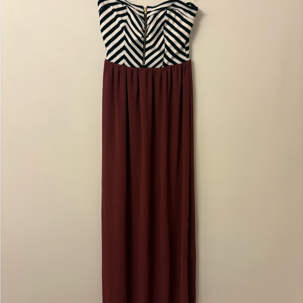 Iris Strapless Black and White Chevron Dress with Burgundy Skirt